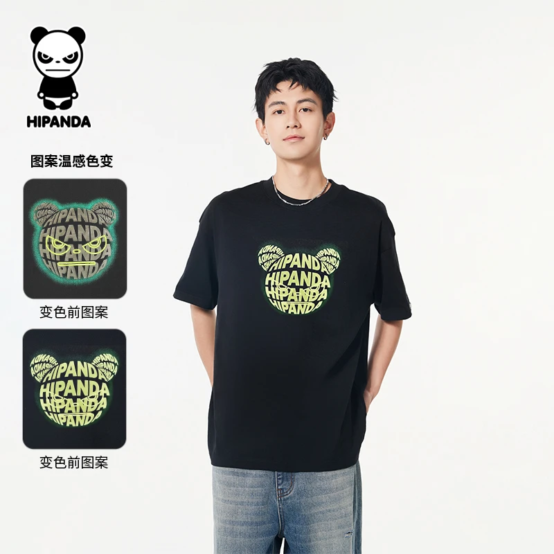“你好熊猫”T恤印花常规短袖夏季圆领变色日常男装男士情侣舒适