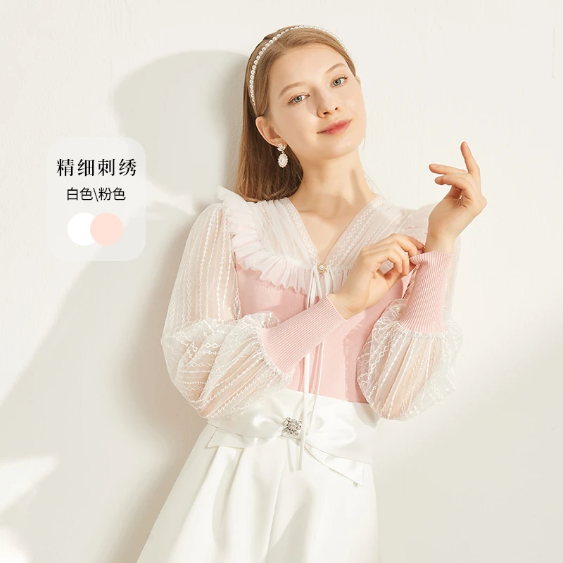 【粉丝专享】恩曼琳23春季刺绣网纱拼接V领荷叶边针织衫EANDAA68