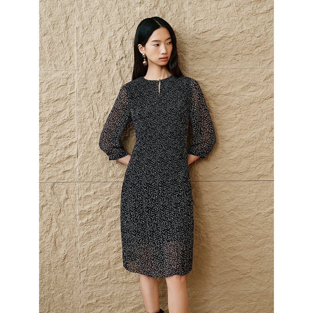 INSUN恩裳春季显瘦气质碎花牙签褶设计A摆印花连衣裙9C65105260