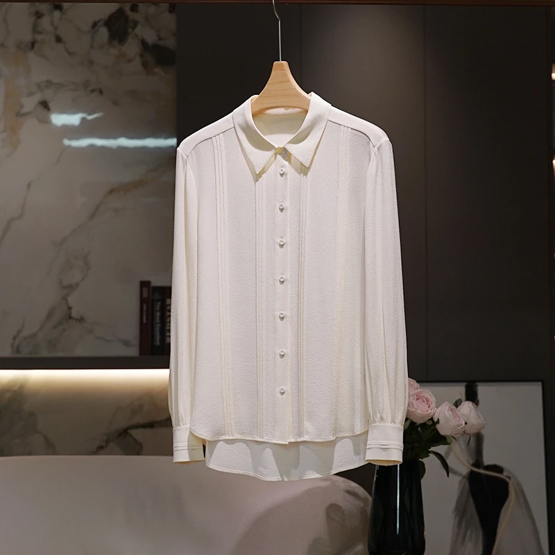 高端纯色鬼绉桑蚕丝衬衫女2024新款时尚百搭打条休闲女士上衣