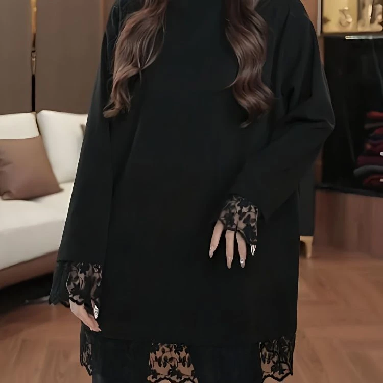 大码欧货蕾丝高领长袖T恤女2025春秋新款韩版宽松显瘦上衣打底衫