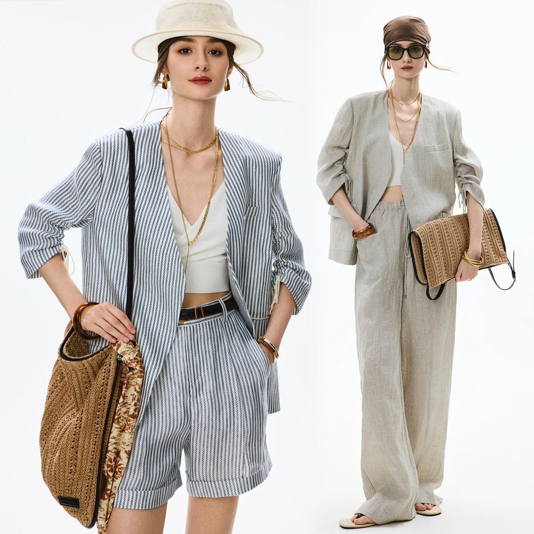 ANNASPEAK松弛老钱 法国进口雨露麻无领袖口抽绳西装西裤夏季女