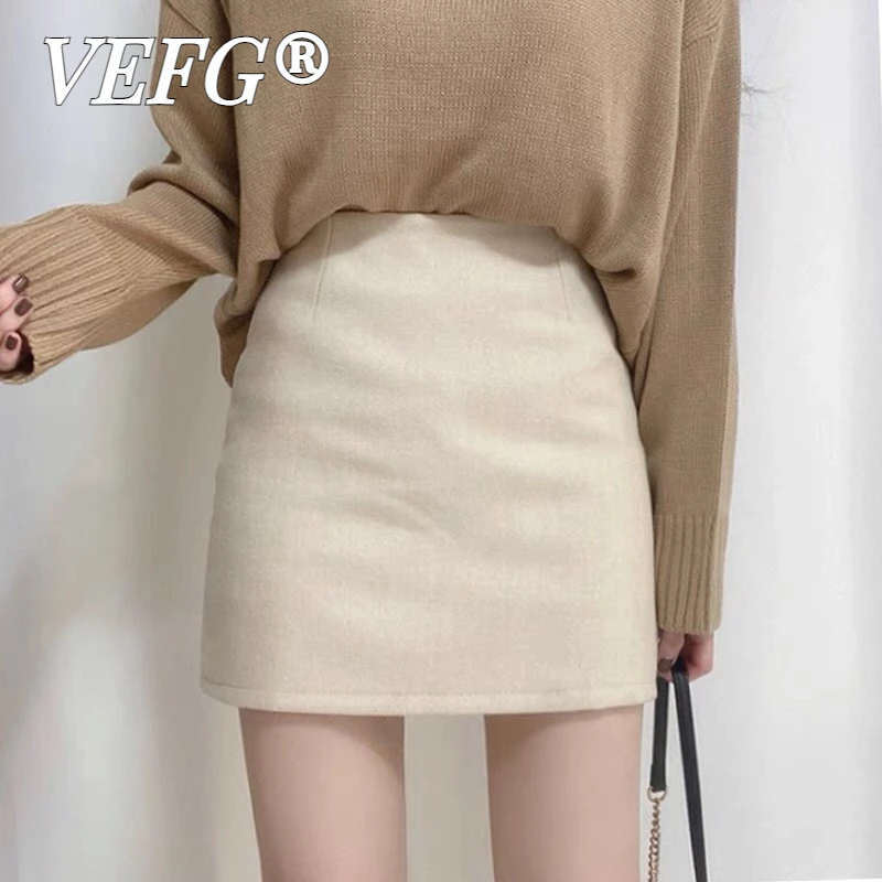 VEFG秋款女装毛呢半身裙高腰短裙2025新款百搭A字裙一步裙包臀裙