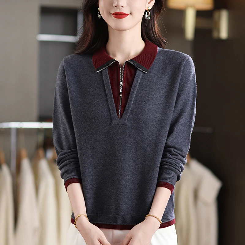 假两件上衣女春秋大码洋气翻领针织衫宽松显瘦内搭秋冬毛衣打底衫