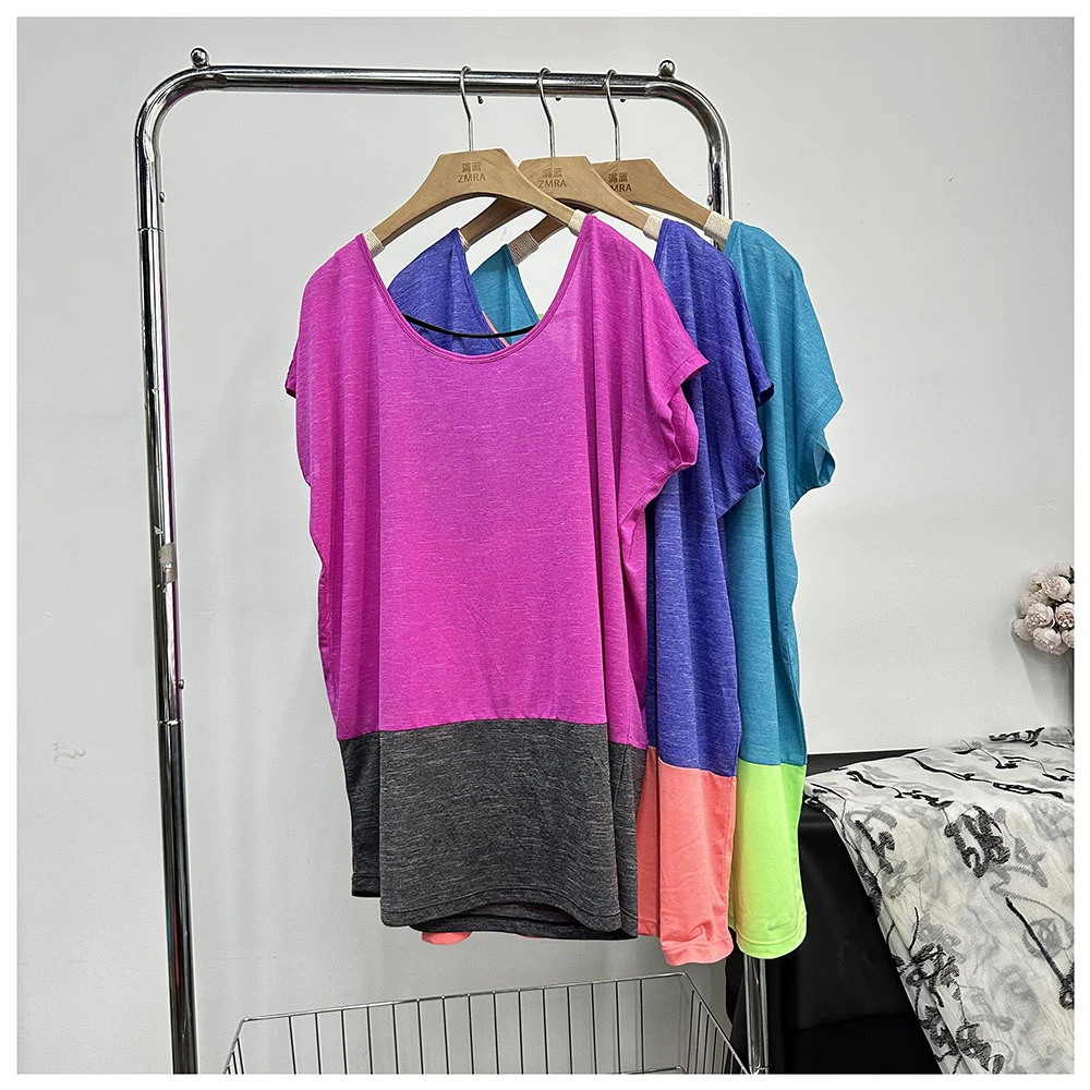 B196  夏季新款女士宽松大露背圆领拼色短袖运动背心