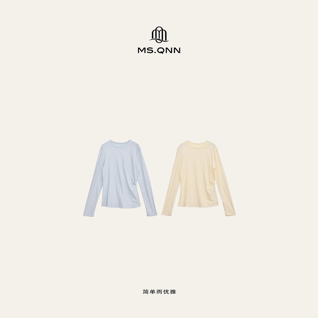 Ms.Qnn“奶油云朵”极简风百搭圆领长袖T恤时尚软糯上衣39T190 Q姐