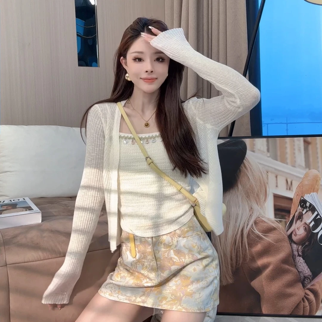 【晓溪服饰】法式气质高级感防晒针织小个子慵懒风吊带两件套6168