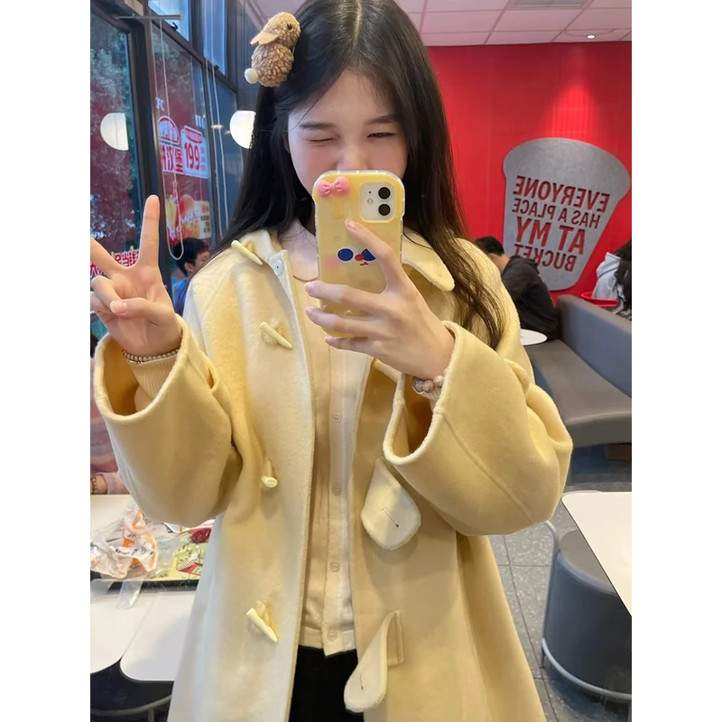 高级感纯色双面呢子大衣女冬季小众设计感中长款牛角扣毛呢外套潮