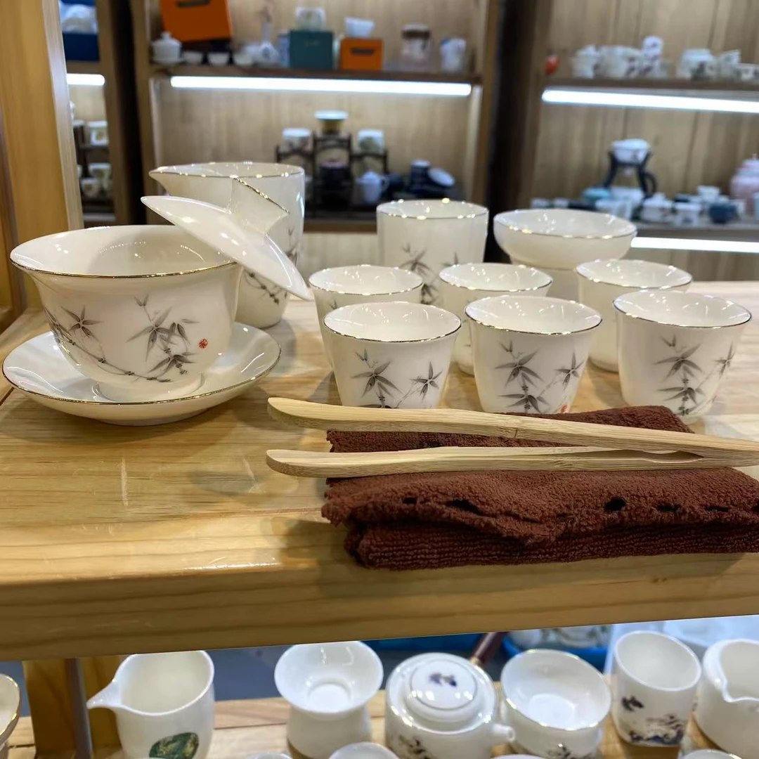 晟翔陶瓷茶具羊脂玉墨竹盖碗主人杯11件套