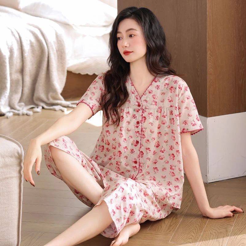 春夏新款甜美纯棉睡衣女薄款简约高级感印花开衫家居服可外穿套装