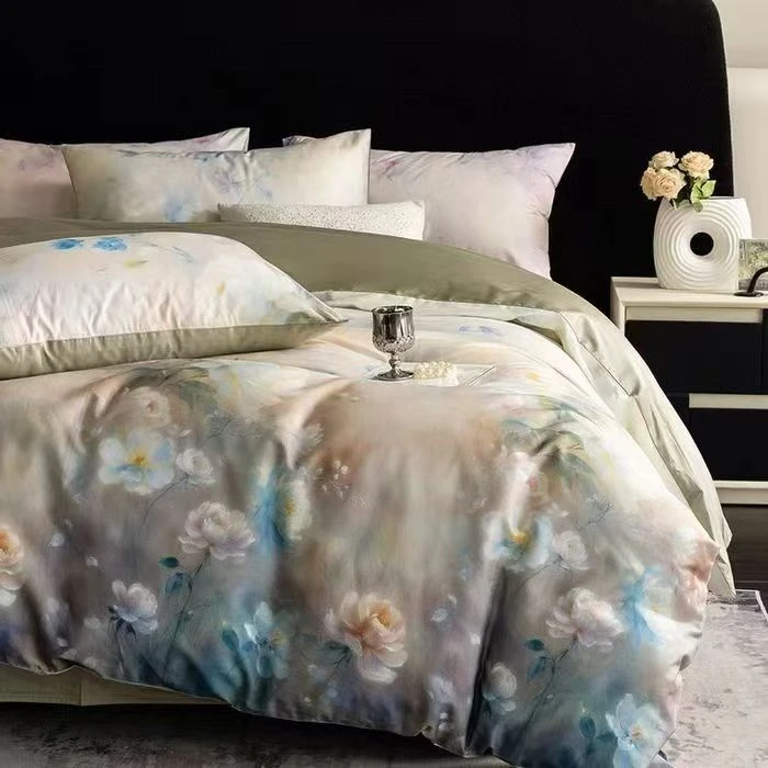 【甜甜家】秋冬新疆贡缎长绒棉高支高密印花纯棉四件套--花仙绿