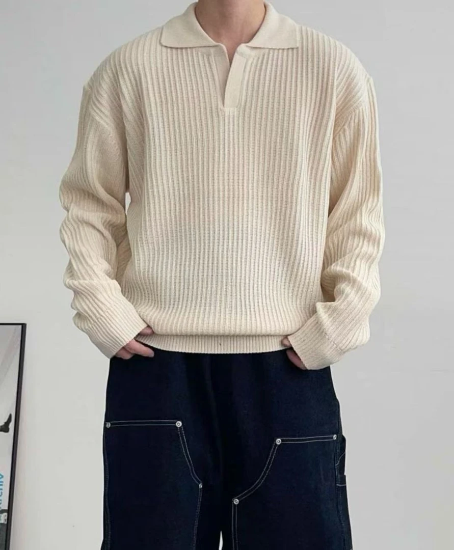 #韩国大叔&正品韩货#「白色翻领长袖针织」小众立体纹理感宽松毛衣