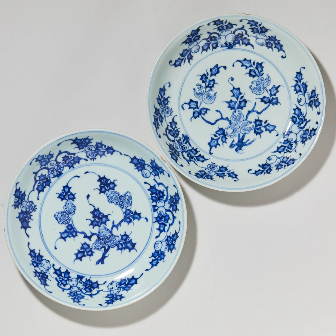 3315清雍正青花三多纹赏盘(一对)【古董拍卖】