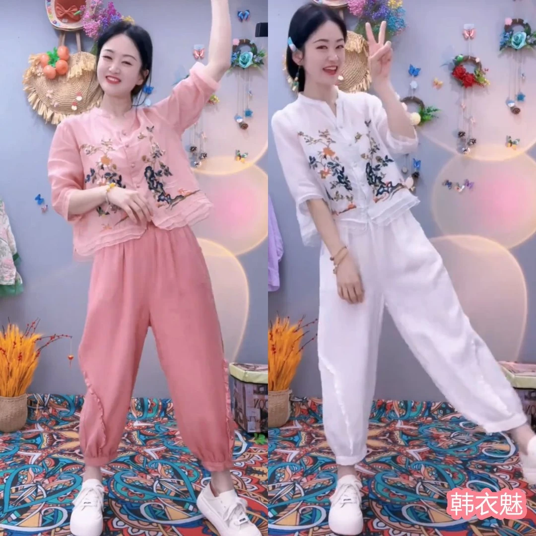 2025夏季新款绣花文艺复古气质包扣中式衬衣小衫加灯笼裤两件套装