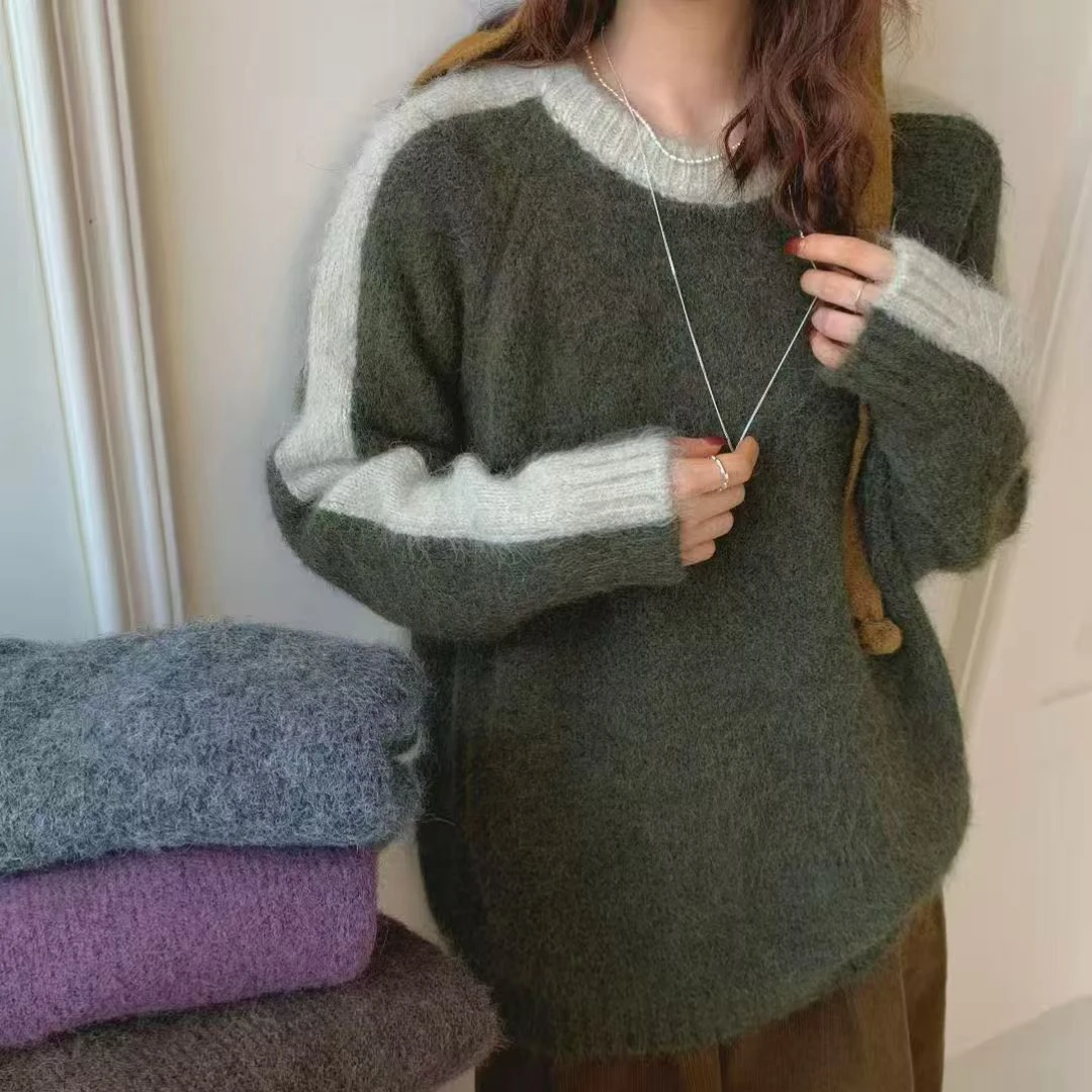 宽松型慵懒风拼色圆领套头毛衣软糯秋冬女装复古打底上衣
