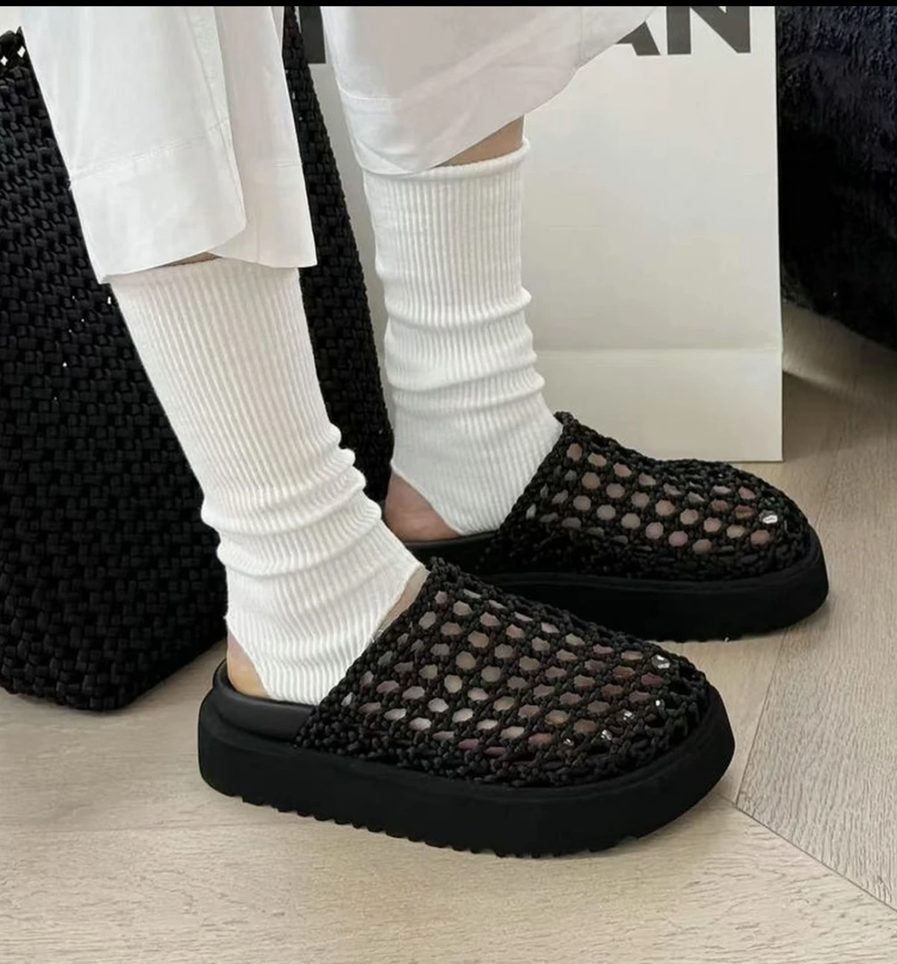 欧货新款G757-192轻便厚底5cm度假沙滩鞋编织镂空透包头拖鞋凉拖