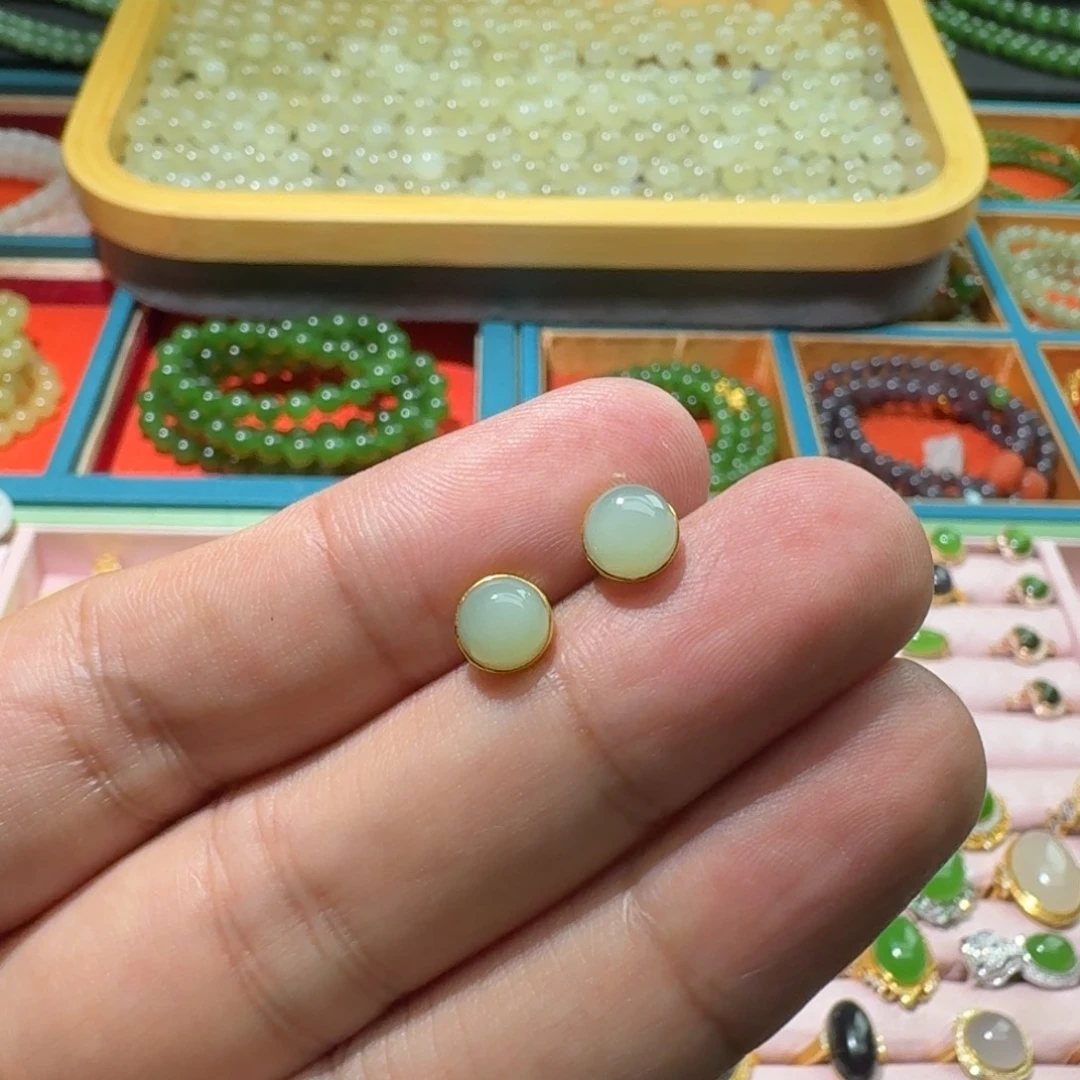 和田玉18K金镶嵌珠宝奇石碧玉粉青瓷白奶蓝耳钉