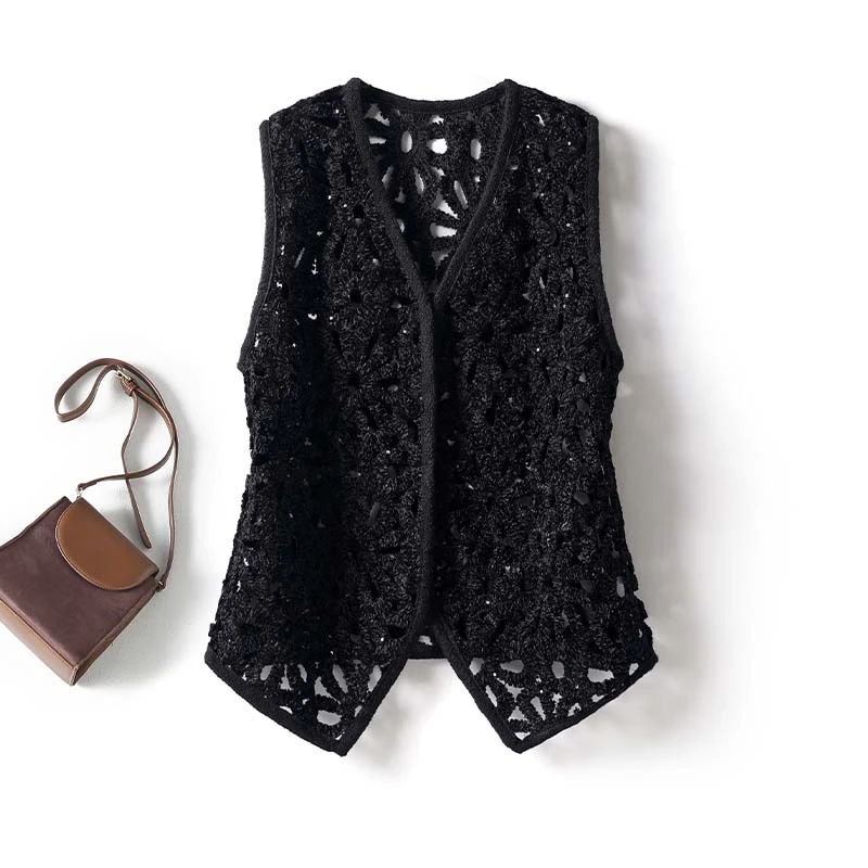 高级感时髦法式无袖马甲女2025年新款舒适洋气珠片宽松镂空坎肩