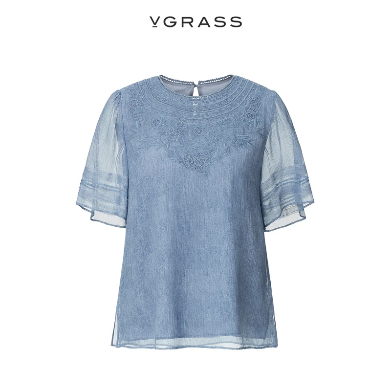 VGRASS仿牛仔印花叠绣T恤夏季新款微宽松短袖合身衣服VSX1P2358C