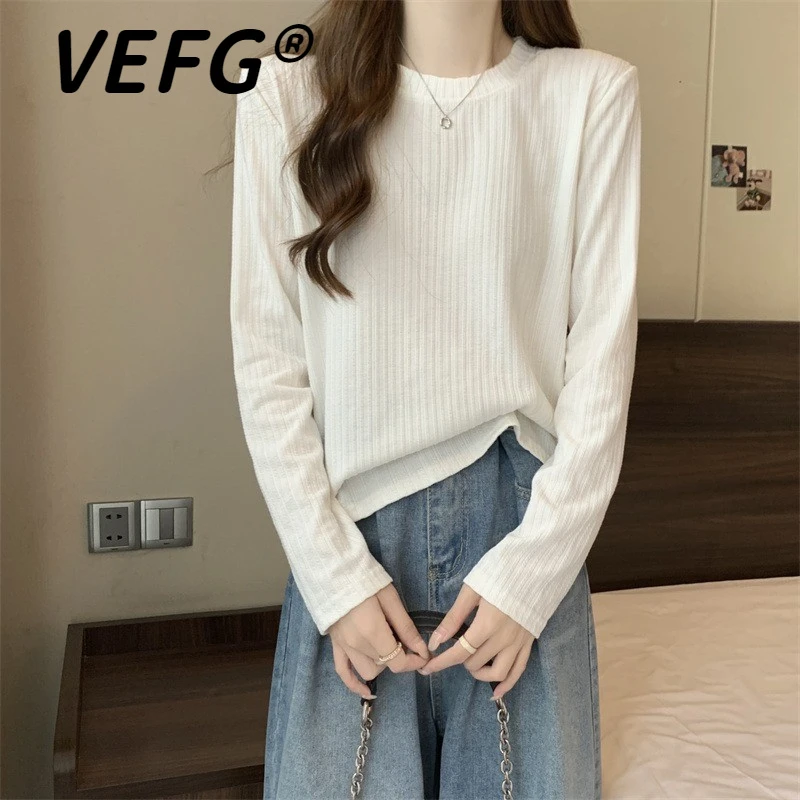 VEFG设计感坑条长袖打底衫秋季纯欲风潮流女上衣胖MM显瘦针织上衣