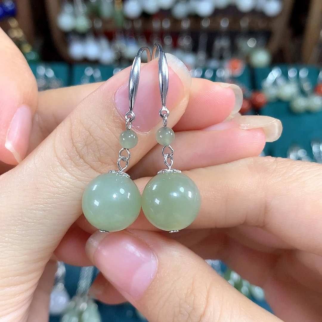 和田玉银S925镶嵌耳饰天然卡12mm左右晴水