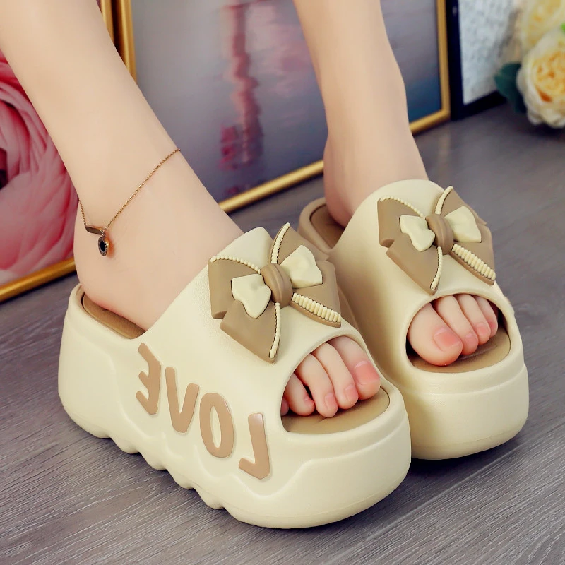 厚底拖鞋女夏季家用韩版时尚字母蝴蝶结高跟凉拖鞋浴室防滑外穿