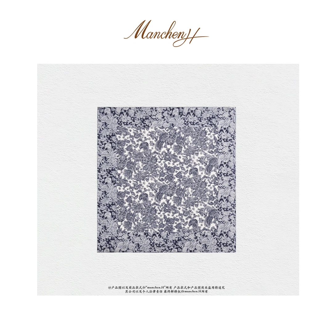 曼辰manchenh“繁花图鉴”气质百搭双色花卉手工精卷边丝巾