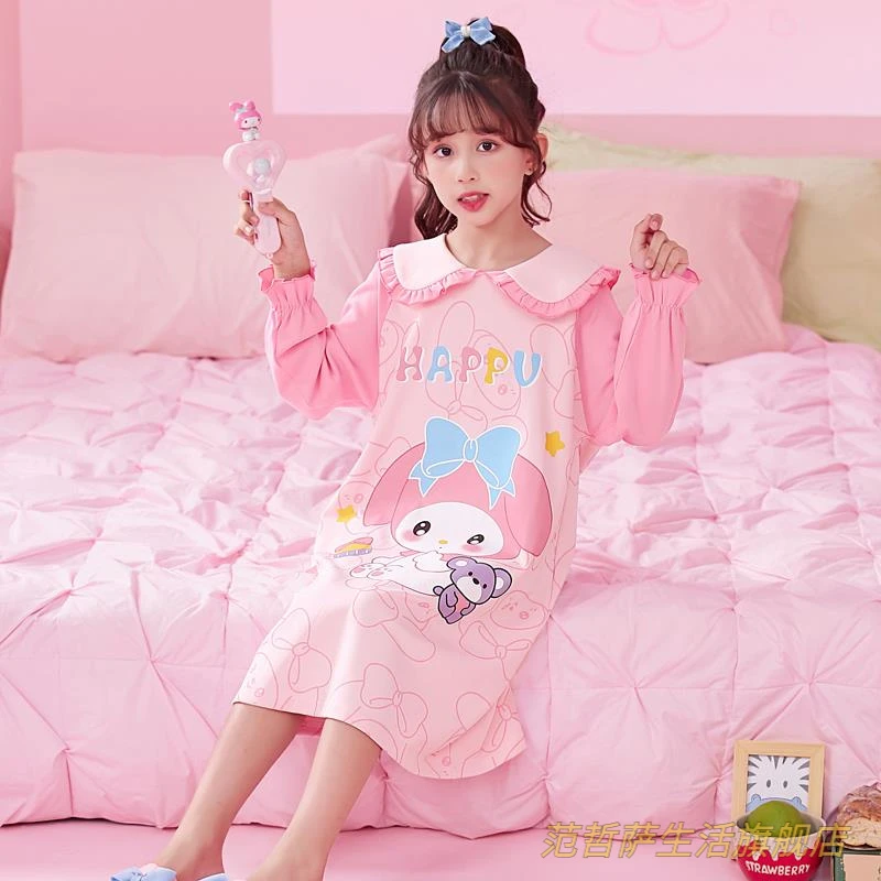 范哲萨女童睡裙春秋款长袖棉卡通美乐蒂儿童睡衣女孩秋装公主风家