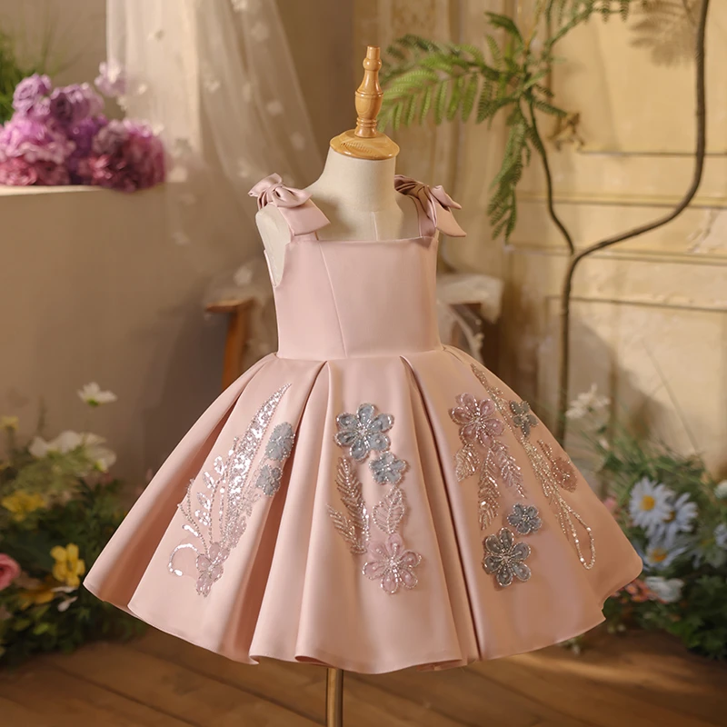 【粉公主】粉色公主裙小礼服主持人走秀钢琴演出服生日花童短裙洋气