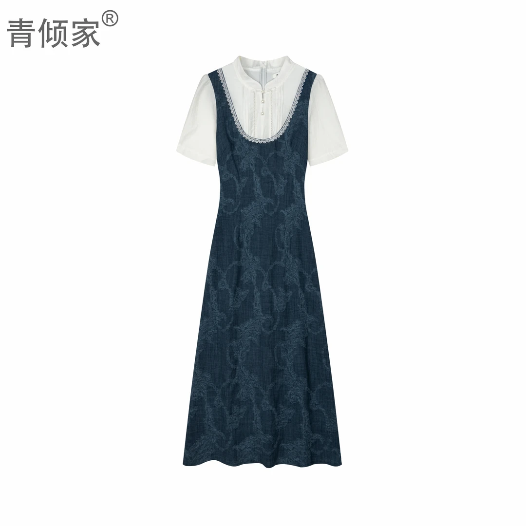 青倾家《慕枝南下》减龄提花连衣裙胖妹妹假两件时尚不开叉裙