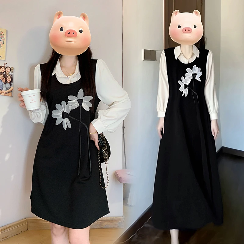 大码胖MM黑色连衣裙秋冬穿搭假两件高级感胖mm连衣裙女显瘦长裙子