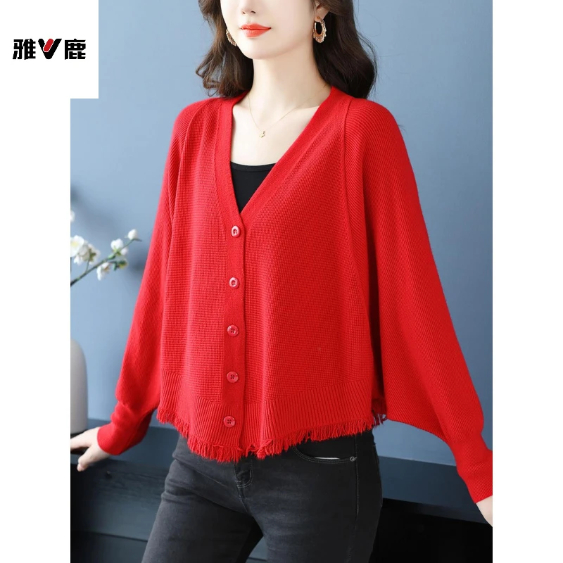 雅鹿蝙蝠袖针织衫外套洋气红色流苏下摆长袖羊毛开衫中年妈妈宽松