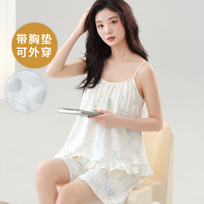 夏季无袖吊带睡衣套装自带胸垫一体家居服薄款大码可外穿韩版夏天