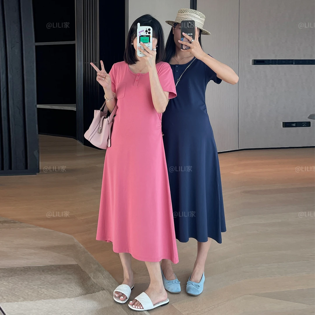 夏季孕妇长款短袖连衣裙显瘦中长款高级感气质休闲A字百搭长裙