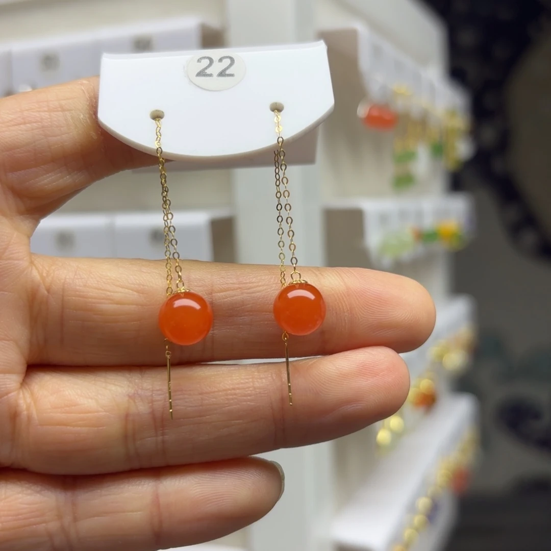 南红玛瑙18K金镶嵌耳饰