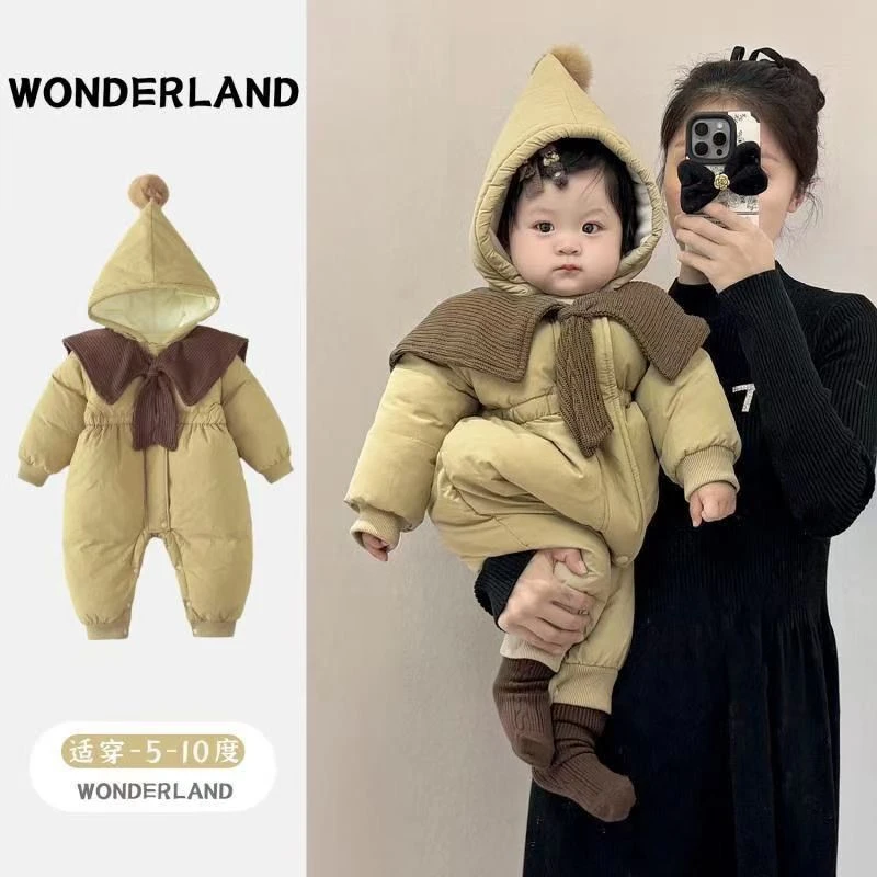 婴儿长袖冬季哈衣女宝宝冬装加绒加棉冬款棉服幼儿外出服超萌炸街