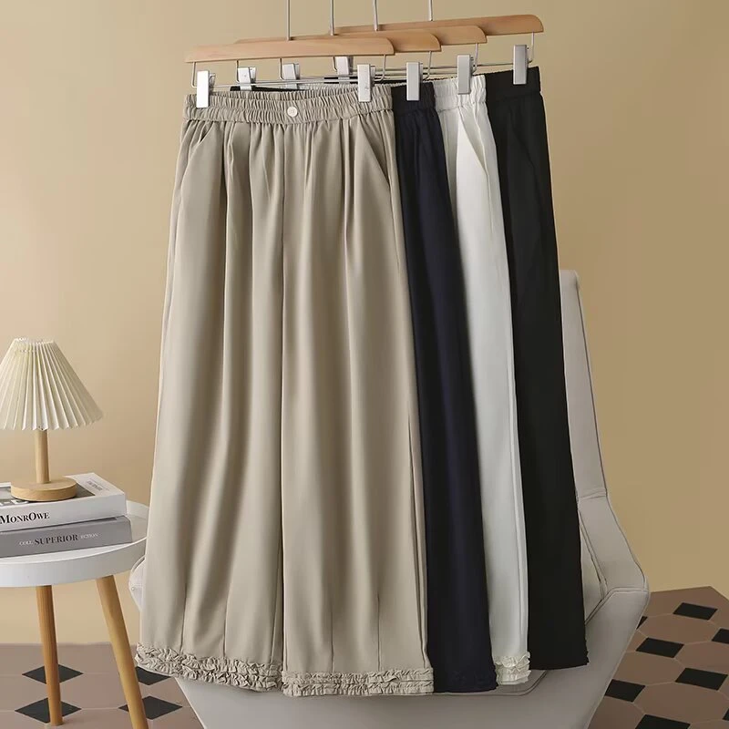 2025早秋新款木耳边阔腿休闲百搭显瘦减龄款高腰口袋薄款8821