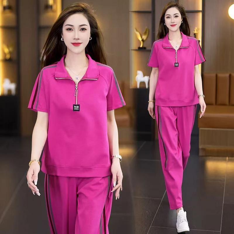 简约休闲套装女2025夏季新款时尚宽松减龄立领薄款跑步服两件套潮