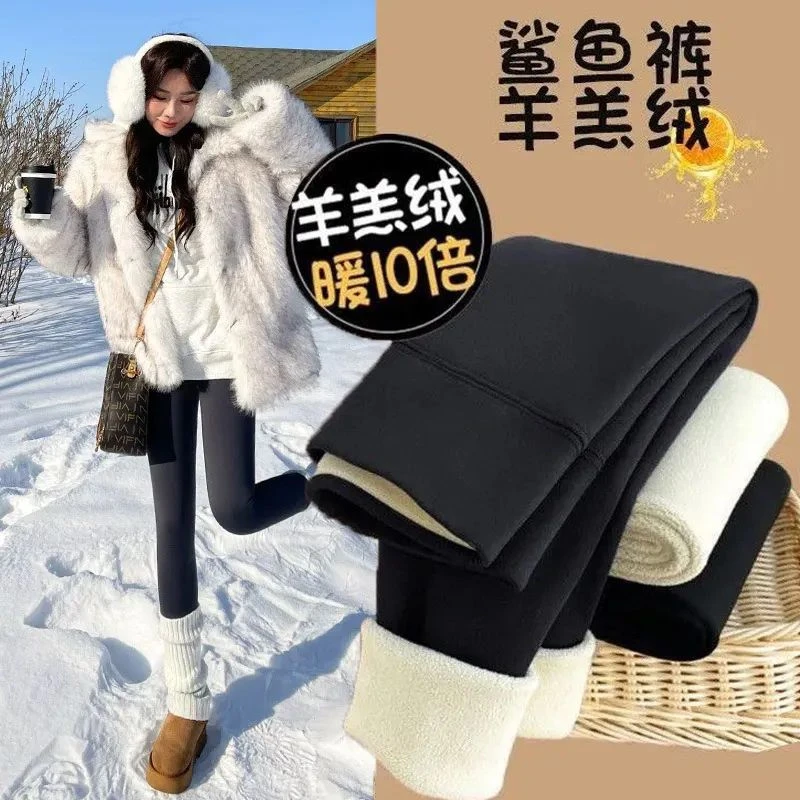 女士秋冬高腰收腹提臀3立体图案羊羔绒高弹鲨鱼裤外穿瑜伽运动芭