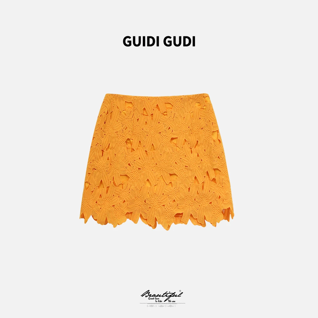 GUIDI GUDI【海之霸】黄加蓝重工镂空蕾丝短半裙 Q9511114H