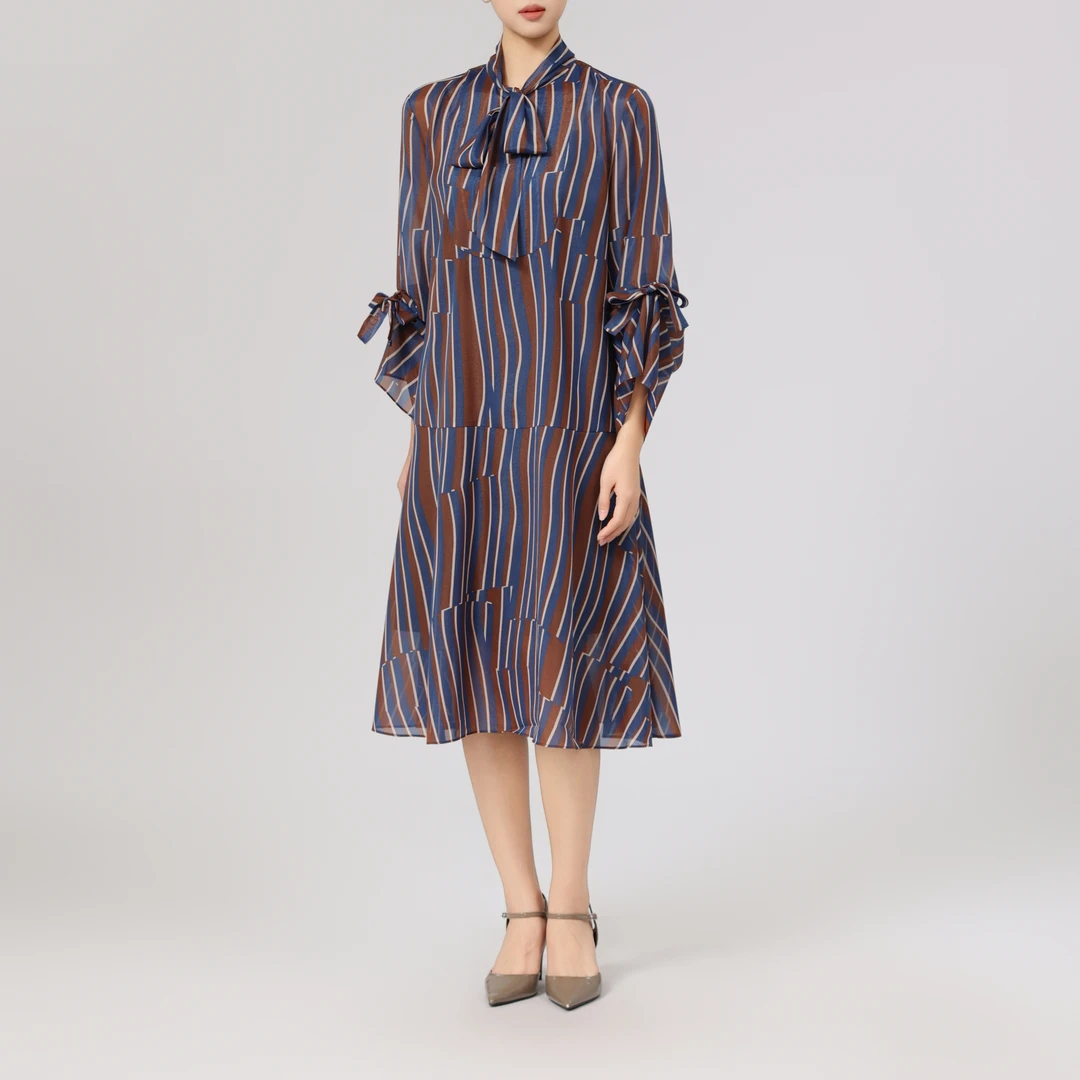 AMASS/阿玛施25年新款宽松中袖飘带条纹中长款洋装连衣裙5500554