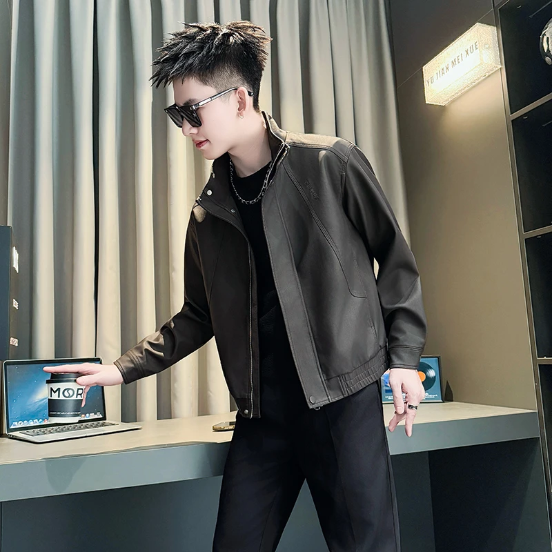 解构拼接立领皮衣外套男款秋冬季2025新款爆款简约百搭皮夹克外衣