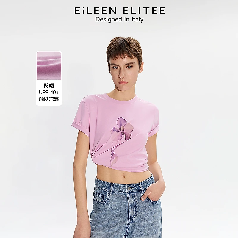 朗姿欧洲EiLEEN ELITEE休闲粉色设计感个性印花t恤2025年夏季女