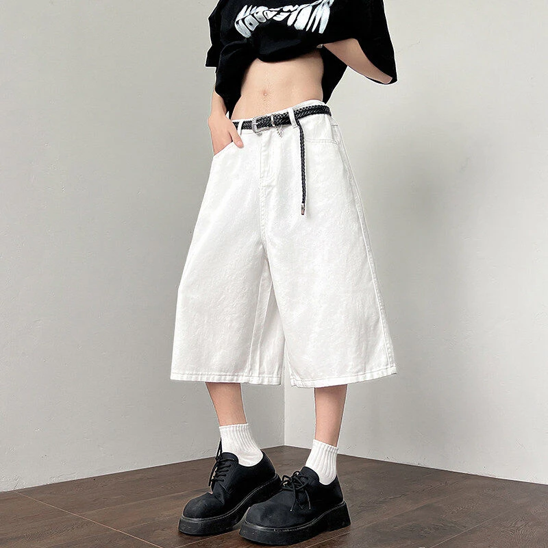白色阔腿牛仔短裤夏季新款高街宽松直筒中裤潮流韩版
