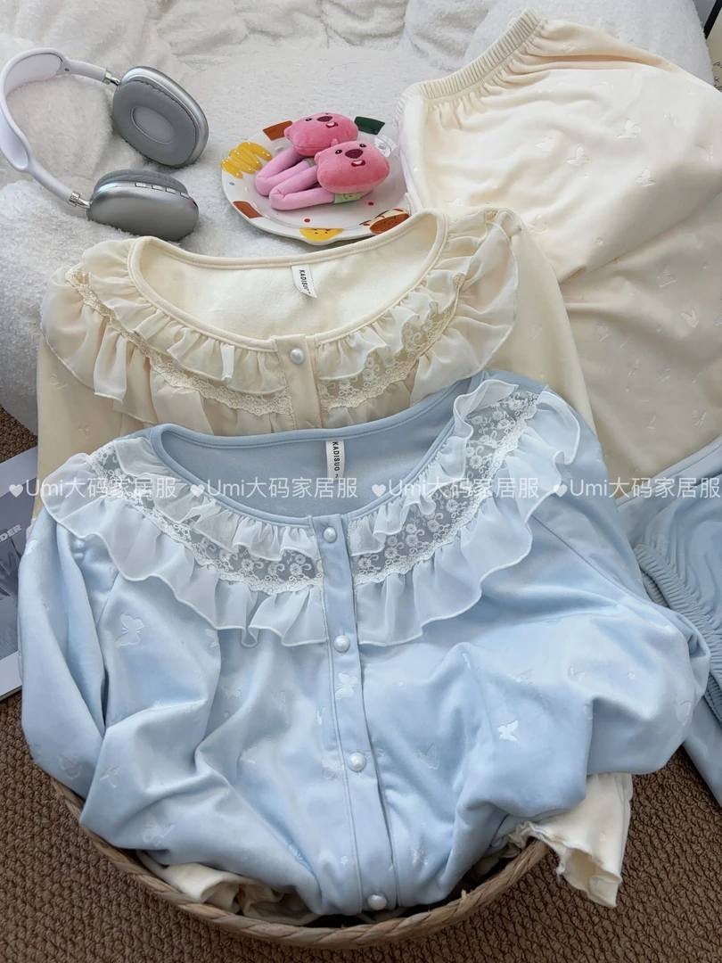 加肥加大码睡衣女加厚冬季小众温柔公主风花边设计宽松保暖家居服