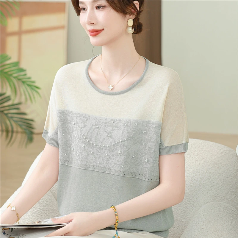 中年妈妈夏装短袖t恤冰丝小衫2025新款时尚中老年洋气针织衫上衣