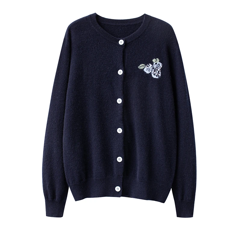 100纯山羊绒圆领开衫外套毛衣女