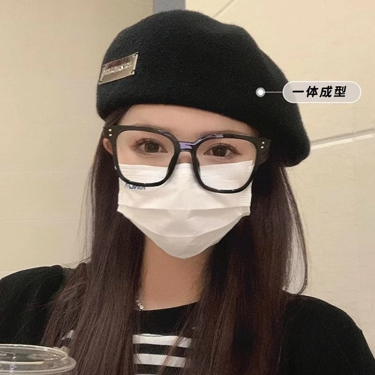 大头围黑色贝雷帽女新款显脸小反戴前进帽秋冬羊毛呢画家帽子夏季