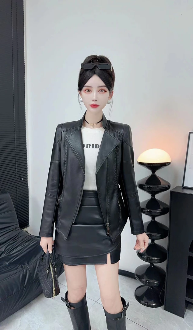 【新粉专享】海宁正品2025春秋新款时尚休闲翻领气质皮衣外套女901