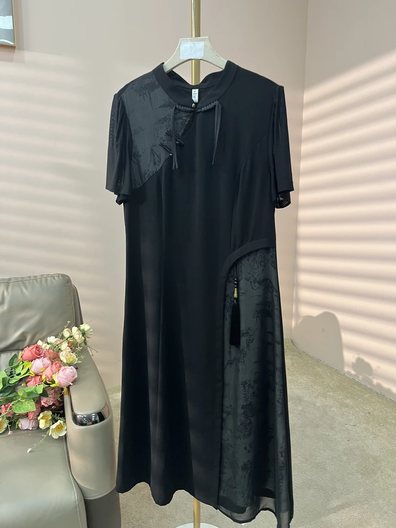 T1779拼接长款速干常规潮流裙子短袖针织旗袍中长裙女士